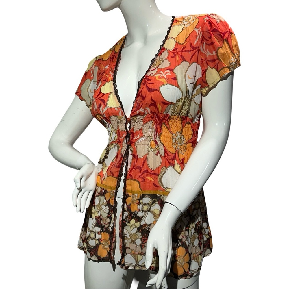 Notations Blouse Top V Neck 3 Button Front with Open Bottom Slight Sheer Sz L